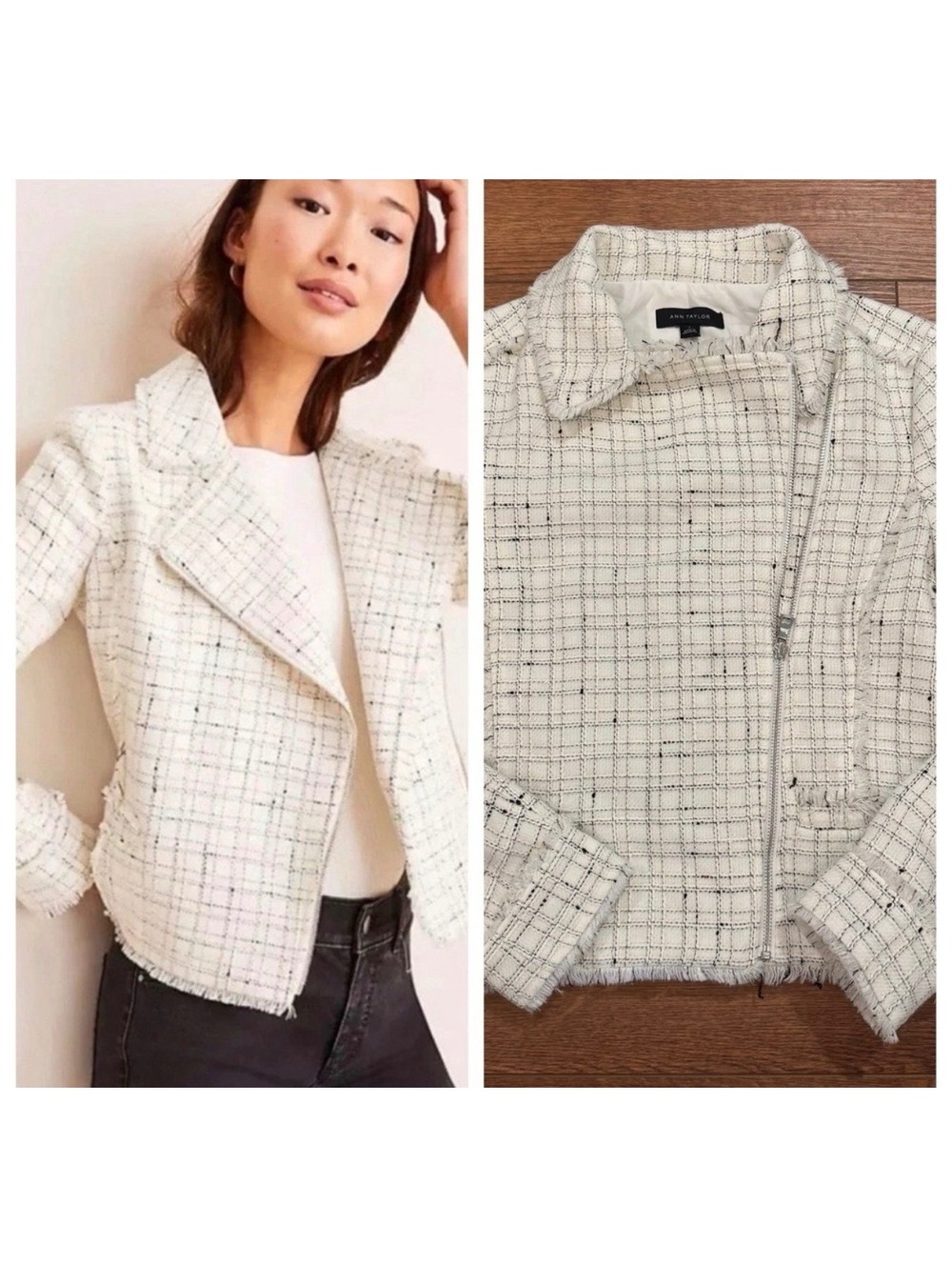 Ann Taylor Tweed Moto Jacket Plaid Cream Gold Black White Size 0
